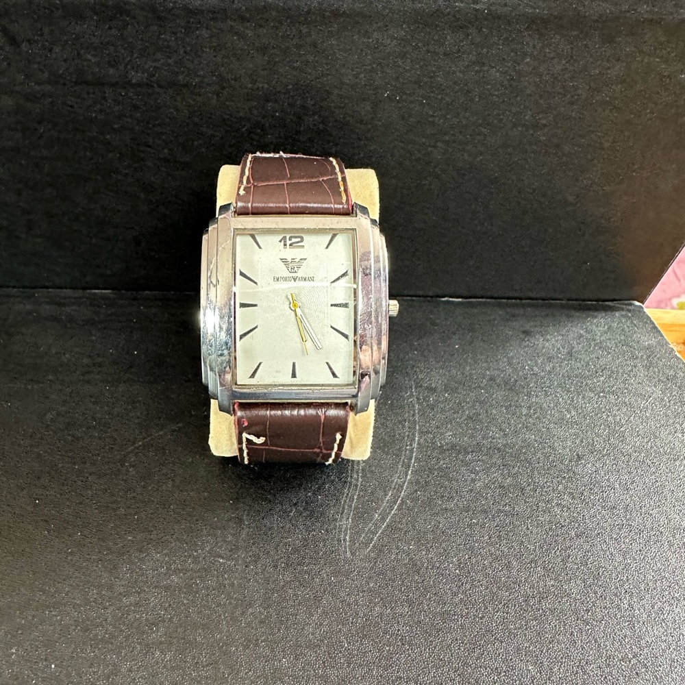 Emporio Armani Silver Brown Watch with Leather Strap